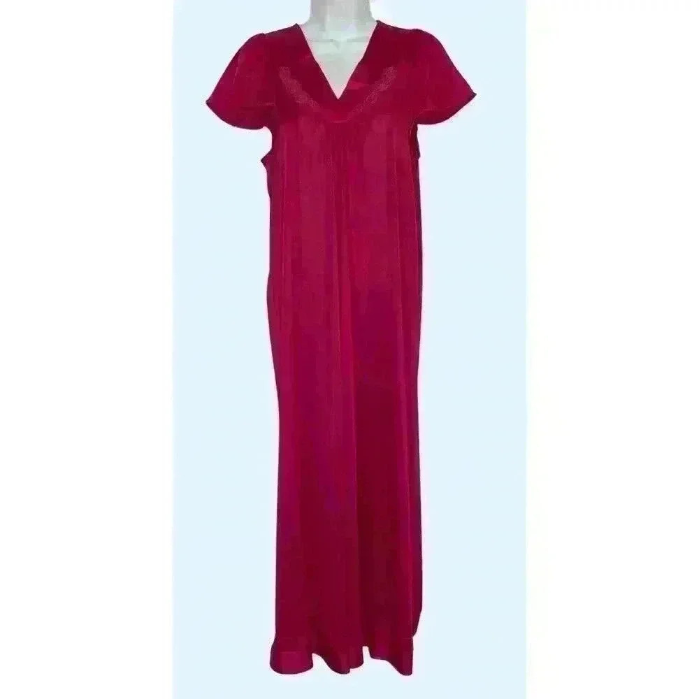 Vanity Fair nightgown size Small long v-neck cap sleeve embroidered hot pink USA